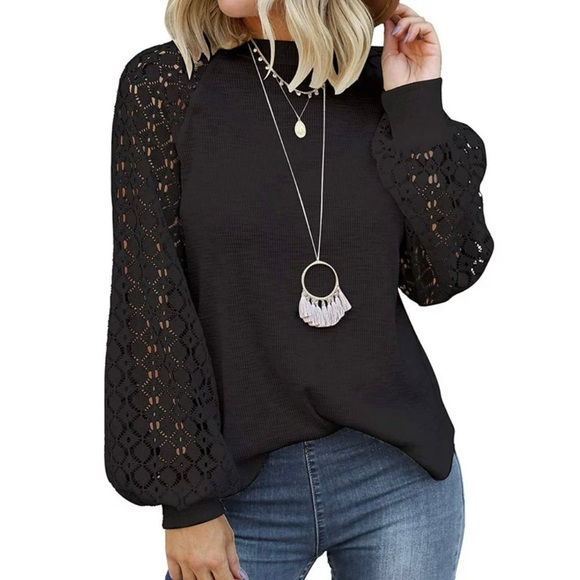 Milholl Tops - Miholl Black Crew Neck Long Sleeve Shirt with Lace Sleeves